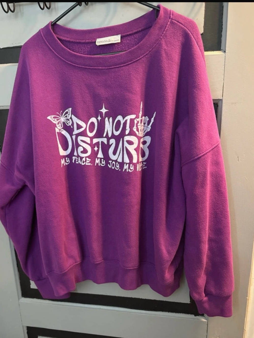 Zenana Outfitters Purple Graphic "Do Not Disturb" Crewneck Sweatshirt